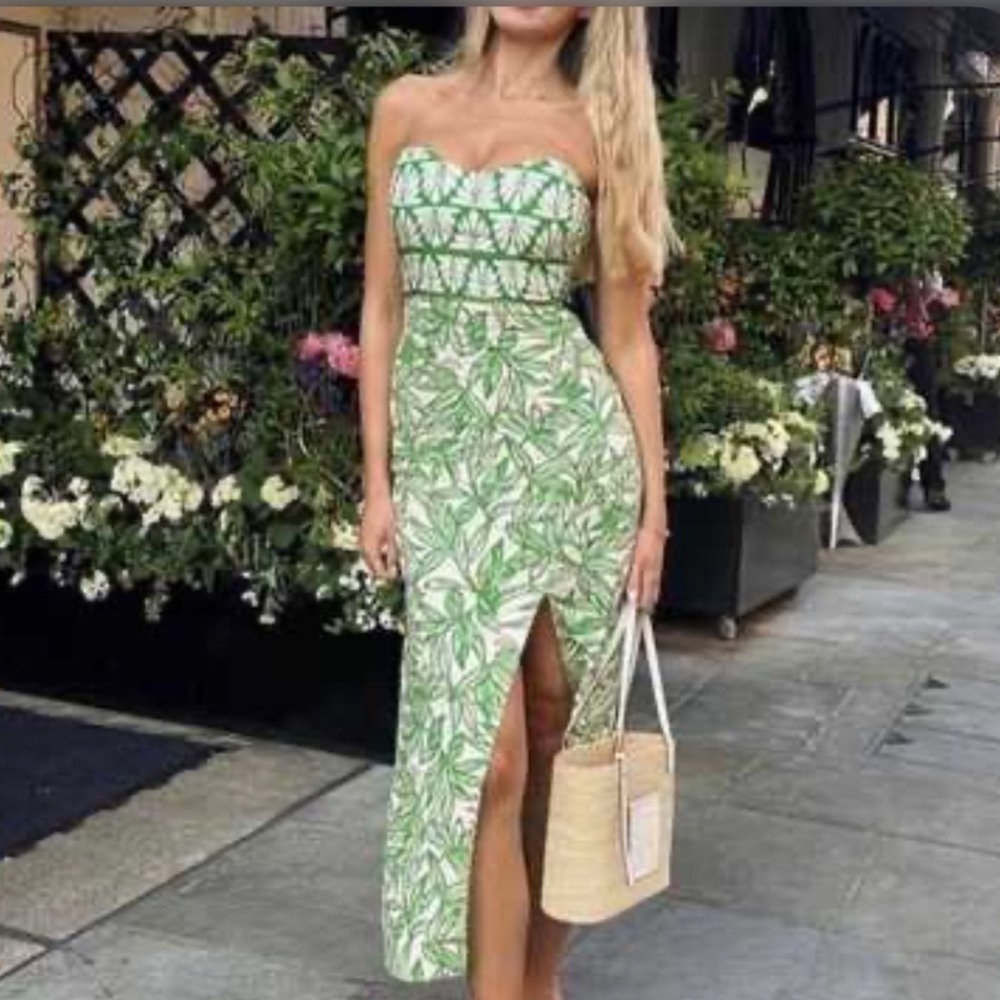 Zara Strapless Green Leaf-Print Midi Dress